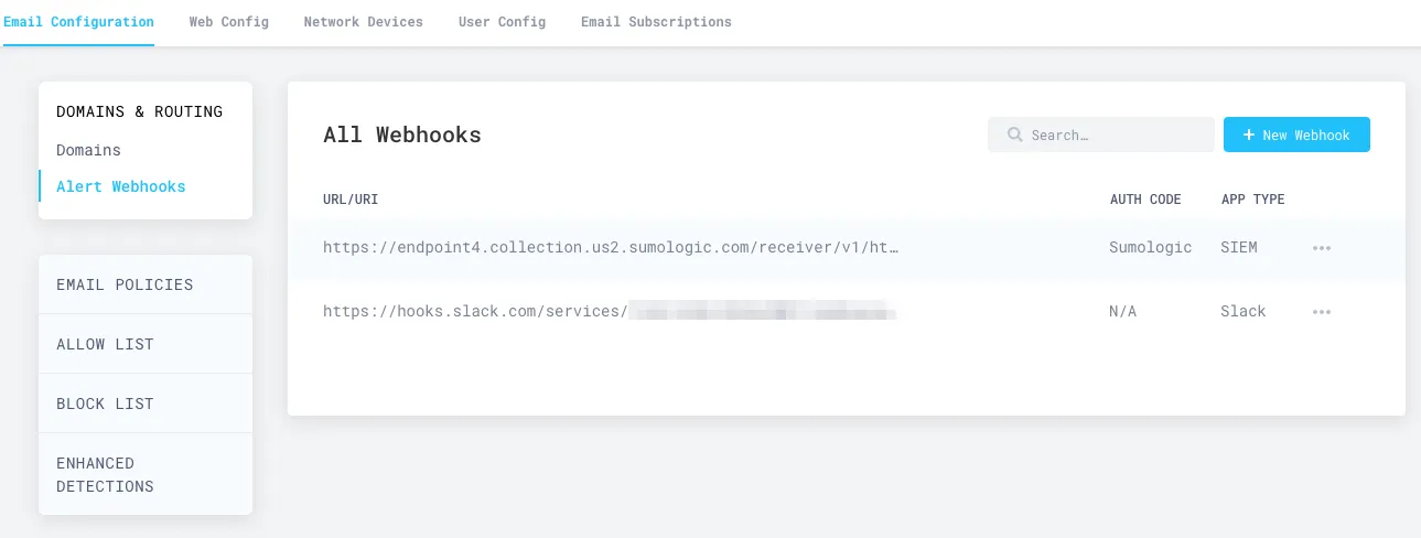 Your Sumo Logic webhook will display in the All Webhooks panel.