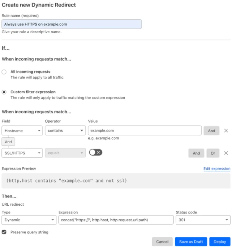 Single redirect matching the 'Always Use HTTPS' setting of the example Page Rule