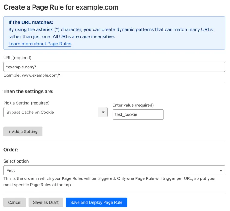 Example Page Rule with 'Bypass Cache on Cookie' setting