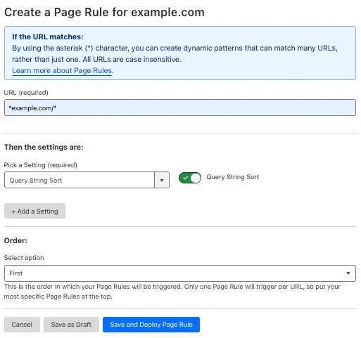 Example Page Rule with 'Query String Sort' setting