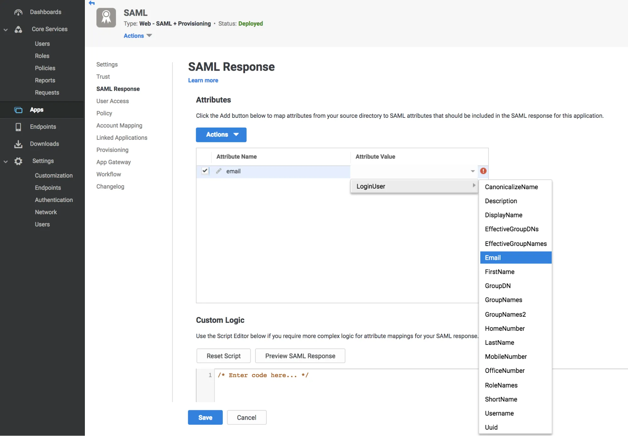 Centrify SAML Response card with Settings Email Attribute selected