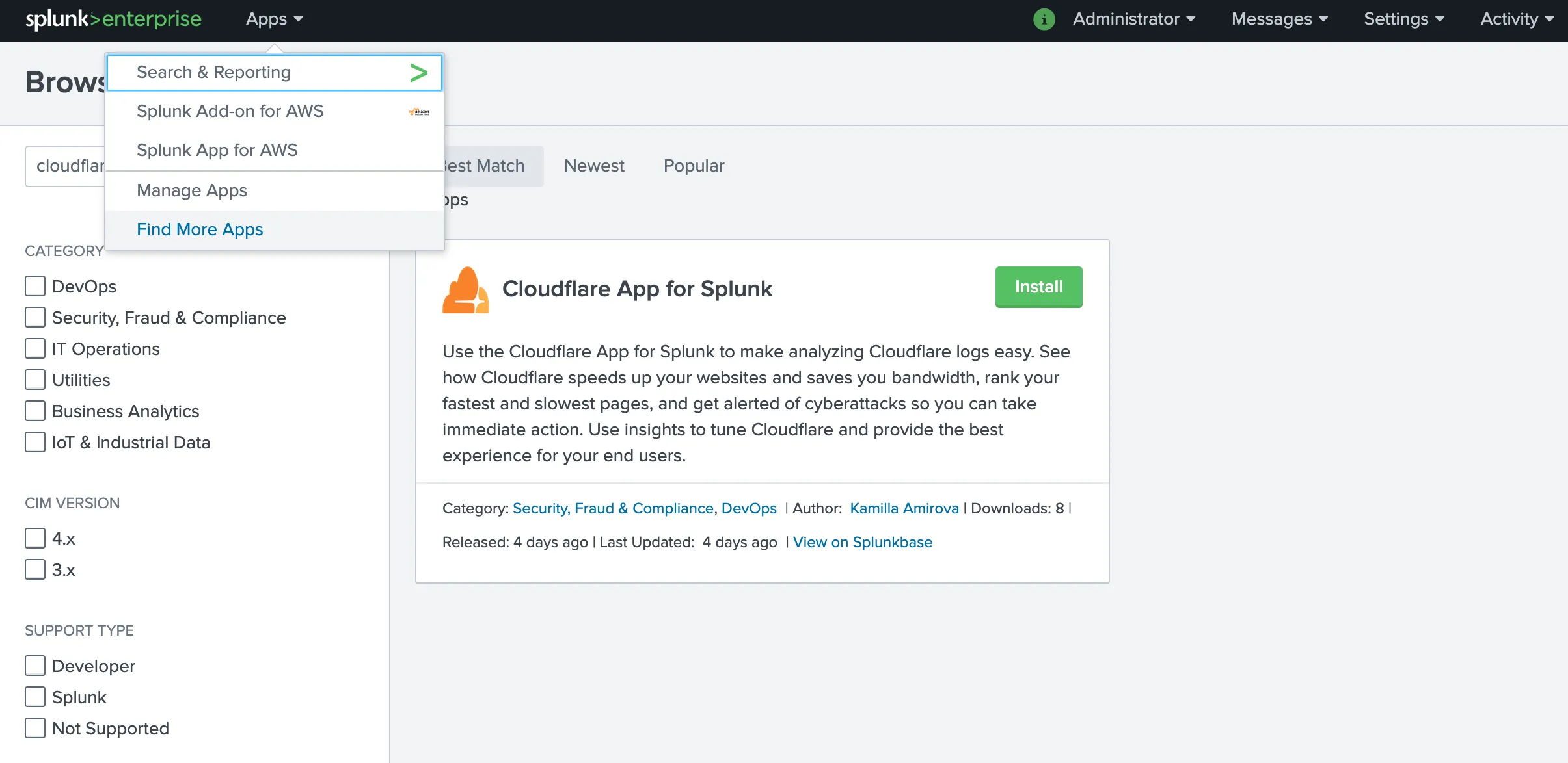 Splunk website with Apps menu expanded and Search & Reporting menu item along with Cloudflare App for Splunk