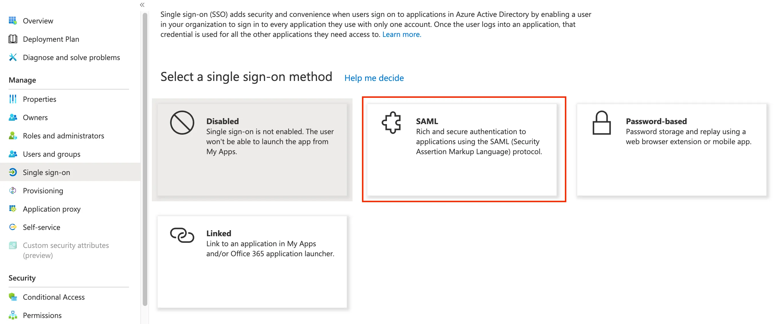 Select SAML as the sign-on method